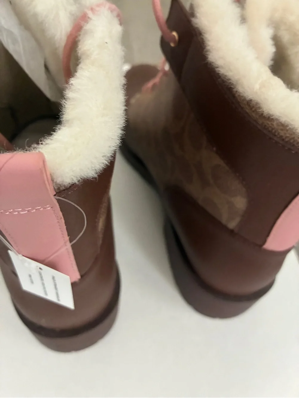 Women's COACH Brown Faux-Fur Trim Lace-Up Winter Boots